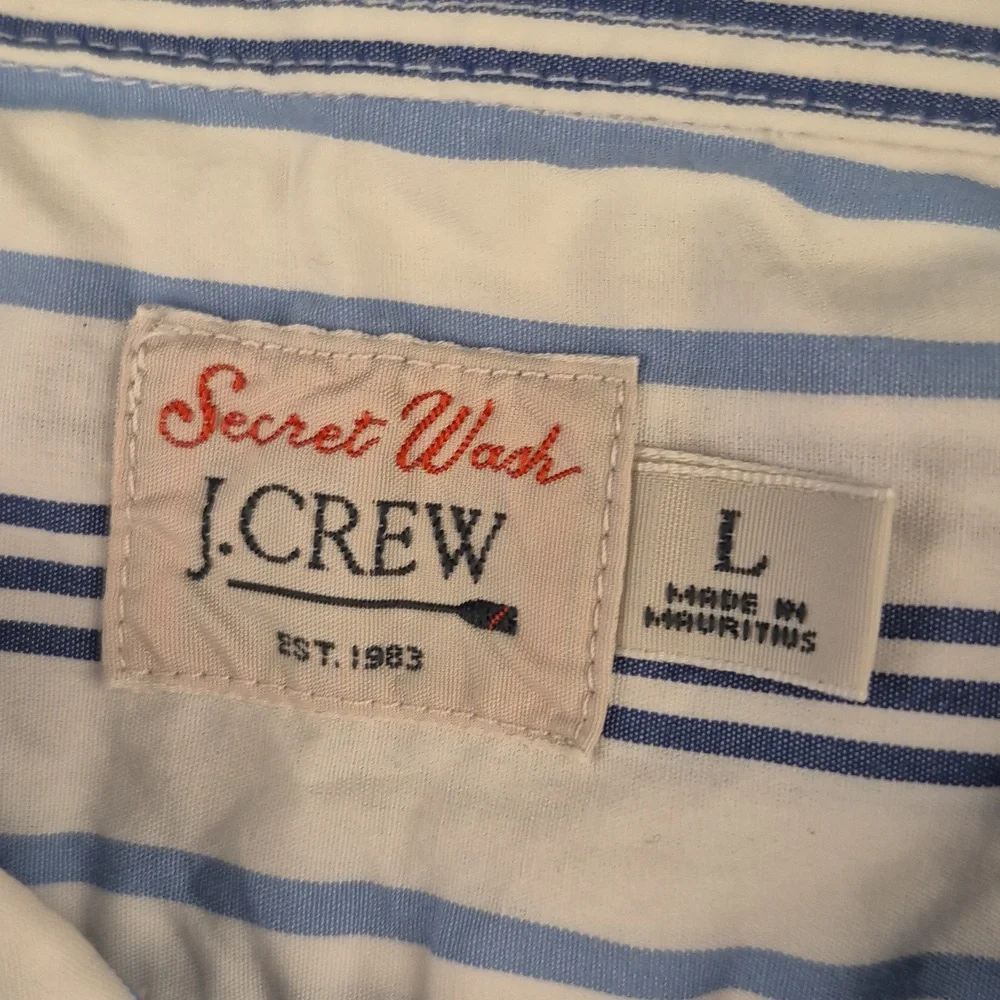 J CREW Secret Wash White Blue Striped Cotton Mens Large Short Sleeve Shirt NEW - Picture 3 of 9
